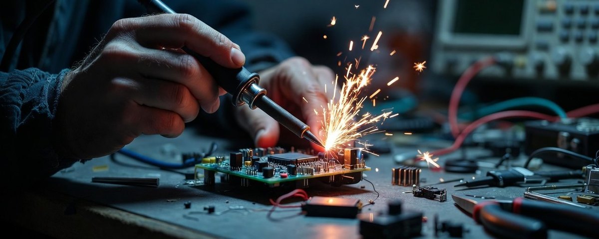 Photo: a hand holding a soldering iron over a circuit board, with sparks flying and test equipment and cables behind it.