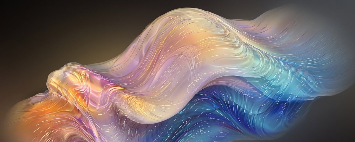 Abstract illustration: a flowing ribbon of iridescent strands in orange, pink, yellow and blue.