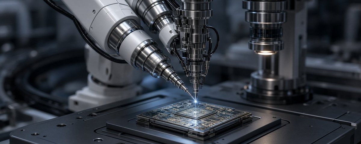 Photo-style illustration: robotic arms with fine metal probes working over a chip on a test stage.