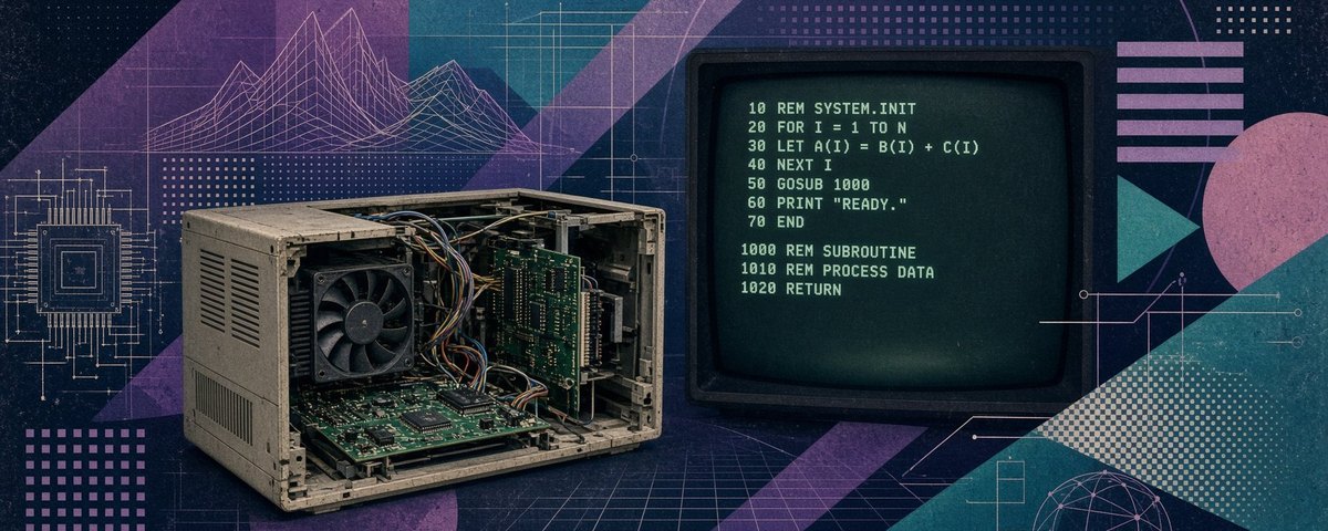 Retro illustration: an open beige computer case with a fan, wiring and circuit boards beside a CRT monitor showing BASIC-style code, over purple and teal geometric shapes and wireframe mountains.