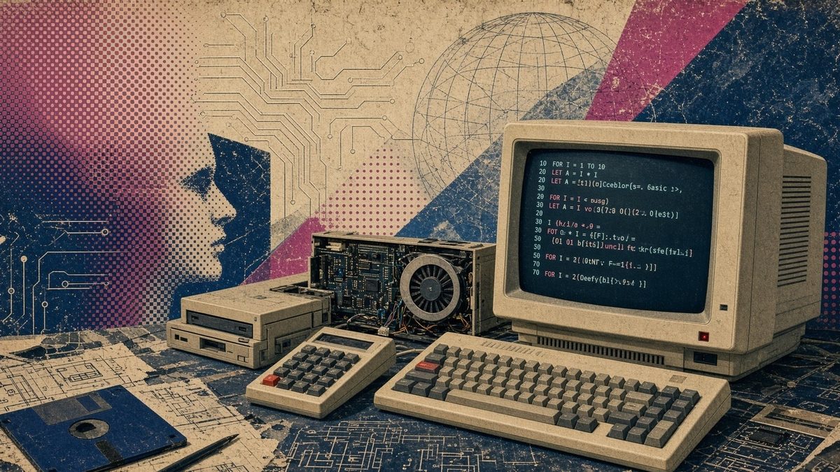 Retro illustration: a beige vintage computer whose monitor shows BASIC-style code, a keyboard, a calculator, a floppy disk and an exposed circuit board with a fan, set against circuit traces and a halftone profile of a face in pink and blue.