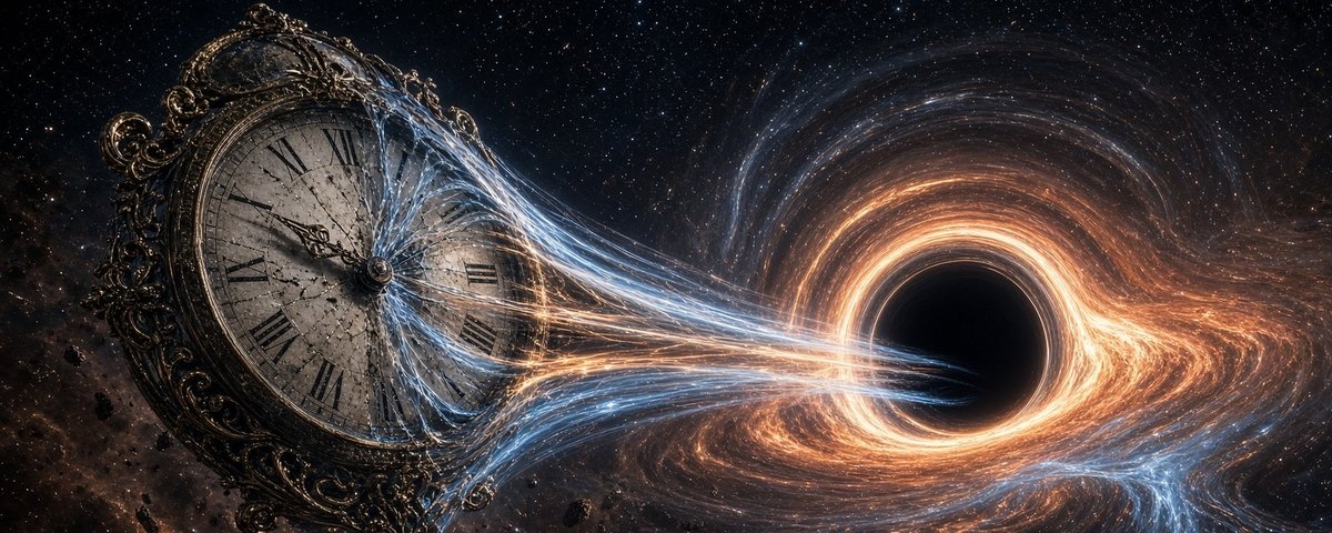 Illustration: an ornate pocket clock dissolving into streams of light that spiral into a black hole.